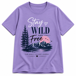 T-shirt personnalisé pour femme, col rond bleu, manches courtes, imprimé Stay Wild Free, 100% coton, décontracté, respirant, coupe classique, 180g - Product Image 1