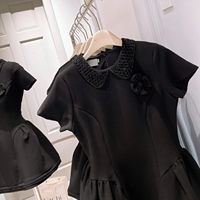 Robes noires unies de luxe pour femmes, coupe ajustée, manches courtes, style mini trapèze, en tissu naturel tissé, de haute qualité, personnalisables, vente en gros