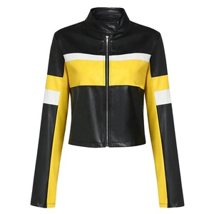 2026 Women's PU Leather Color Block Moto <b>Jacket</b> Stand Collar Full <b>Sleeve</b> Zipper Closure <b>Short</b> Length Autumn Style - Product Image 1