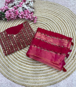 Designer Aari Work And Original Mirror Work 9 Patta Space Silk <b>Saree</b> With Embroidery And Original Mirror Work Space Silk Blouse - Product Image 2