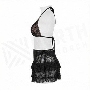Women Black Lace Halter <b>Bikini</b> <b>Set</b> With Floral Pattern Skirt Bottom 2 Piece Swimwear - Product Image 3