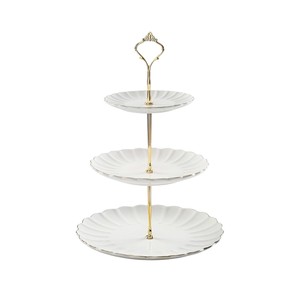 Support à gâteau à 3 niveaux en métal argenté, émail blanc, rond, à étages, pour cupcakes et desserts, avec poignée annulaire - Product Image 6