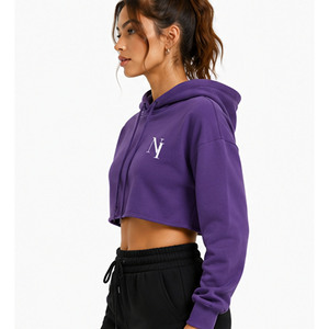 Sweat à capuche court pour femme, violet uni, à manches longues, avec lettres brodées, décontracté, pour l'automne, en polaire respirante - Product Image 4