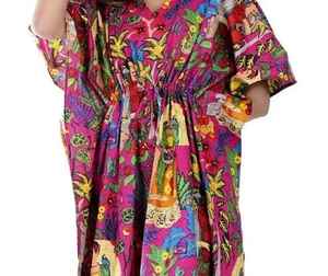 Robe tunique kaftan en coton faite à la main, style Kahlo, paréo de plage, coupe décontractée, vêtements bohèmes pour femmes - Product Image 3
