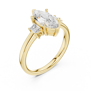 Anillo de Compromiso de Oro Amarillo con Diamante Corte Marquesa y Piedras Laterales Baguette, Anillo de Boda Solitario para Mujer - Product Image 3