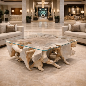 Premium Bleached Solid Teak <b>Root</b> <b>Coffee</b> <b>Table</b> Handmade Organic Tree <b>Root</b> Base Glass Top Coastal Rustic Home Furniture - Product Image 3
