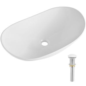 Lavabo Ovale in Ceramica Bianca 23,3" X 14,2" con Rubinetto a Leva per Piano del Bagno - Product Image 6