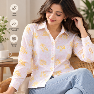 Camisa de Algodón con Estampado Floral y Botones al Frente |   Camiseta holgada y transpirable de manga larga amarilla para mujer |   Blusa Informal para el Trabajo de Primavera/Verano - Product Image 4