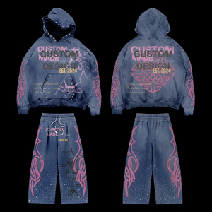 Ensemble de survêtement homme personnalisé avec broderie, strass et motifs graphiques, comprenant un sweat à capuche court à double couche et un pantalon de survêtement délavé à l'acide - Product Image 1