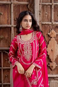 Conjunto Étnico Indio-Pakistaní para Mujer, Kurta Rosa con Estampado de Lámina de Microalgodón y Bordado, Falda Lehenga Morada, Dorado, Largo hasta el Suelo, para Boda - Product Image 3