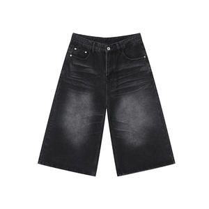 Men's Black Washed Denim Bermuda Shorts Mid Waist <b>Button</b> <b>Fly</b> Casual Style Solid Color Cotton Fabric Breathable Woven Material - Product Image 1