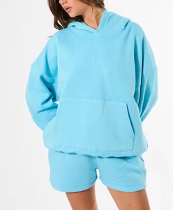 Ensemble 2 pièces pour femme, bleu clair, sweat à capuche et short, coupe décontractée, molleton uni, streetwear, tenue d'hiver - Product Image 1