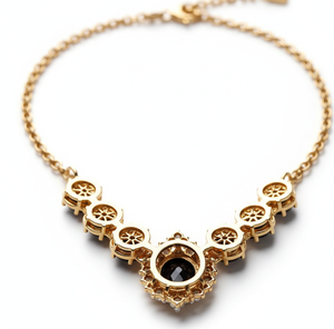 Black Onyx Pendant Necklace, 16 Inch Round with CZ, 925 Sterling <b>Silver</b>, 18K Gold Plated <b>Wedding</b> Party Wear Necklace - Product Image 2