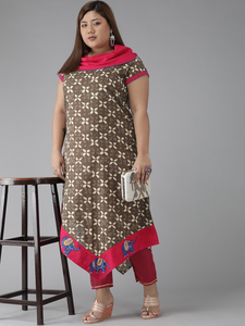Women's Plus Size Brown Cotton Geometrical Printed A-line <b>Kurti</b> Featuring Cowl Neck And Comfortable Short Sleeves - Product Image 4
