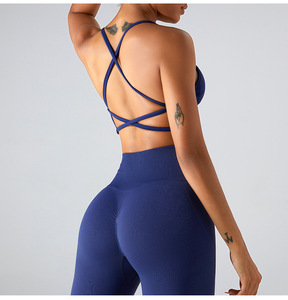 Conjunto Deportivo para Mujer con Sujetador Deportivo Cruzado en la Espalda y Leggings de Cintura Alta Acanalados, Ropa de Yoga y Fitness Azul, Sin Costuras, Transpirable y Elástica - Product Image 2