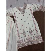 Ensemble blanc pour femmes Designer HK, taille 2XL, haut avec pantalon palazzo et dupatta, broderie au fil et sequins