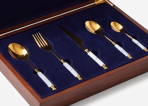 Ensemble de couverts dorés avec poignées en marbre, compatibles lave-vaisselle, vaisselle élégante pour mariage et usage quotidien - Product Image 6