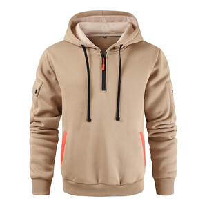 Sweat-shirt à capuche mi-zippé bleu marine pour homme, coupe classique, décontracté, pour l'automne, avec accents orange, poche intégrée, en tissu tricoté - Product Image 6