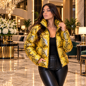Chaqueta Acolchada de Cuero con Estampado de Piel de Serpiente Amarilla para Mujer – Prenda de Invierno Moderna con Cuello Alto - Product Image 6