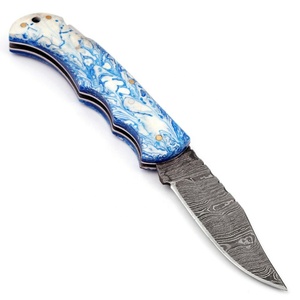 Hot Selling Copper Damascus Steel Folding Knife <b>Back</b> Lock Turquoise Style Resin Handle Sheath Cu Mai EDC Camping OEM Knife - Product Image 1