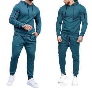 ชุดวอร์มผู้ชายสีเทา-น้ำเงินแบบมีฮู้ด เสื้อฮู้ดลำลองและกางเกงจ็อกเกอร์ ชุดกีฬาสำหรับฤดูใบไม้ผลิและฤดูใบไม้ร่วง ชุดวิ่ง - Product Image 1