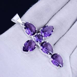 Pendentif Croix Sainte en Améthyste, Argent Sterling 925, Bijoux Bohèmes Faits Main, Collier en Pierre Naturelle, Vente en Gros - Product Image 1
