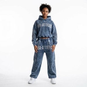 Custom <b>Women</b> Acid Wash Blue Gray Cropped Hoodie <b>Jogger</b> Set Cotton <b>Fleece</b> Streetwear Tracksuit OEM Wholesale - Product Image 1
