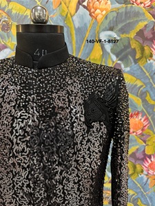 Traje Jodhpuri Negro Sólido con Cuello Mandarín, Base TR Lachka, Blazer con Hombros Decorados con Lentejuelas Gunmetal y Cuentas 3D - Product Image 5