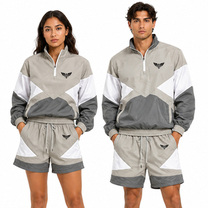 Ensemble de survêtement unisexe coupe-vent color block à séchage rapide avec veste demi-zip et short de sport - Product Image 1