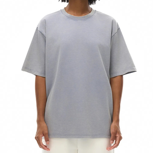 T-shirt en coton gris surdimensionné pour homme, col rond, manches courtes, couleur unie, jersey tricoté décontracté - Product Image 1