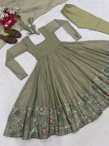 Modern Pastel <b>Green</b> Flared Anarkali Gown Suit for Women Floral Embroidery Border Work Full Sleeve Indian Party & Wedding Wear - Product Image 5