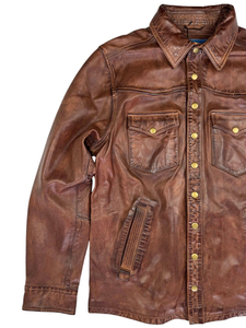 Samtiq Industries <b>Men's</b> Brown <b>Leather</b> Shirt <b>Jacket</b> Turn-down Collar Workwear Style Regular Length Single Button Closure Winter - Product Image 4