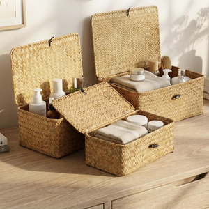 Handwoven Seagrass Storage <b>Basket</b> <b>with</b> <b>Lid</b> Set 3 Multipurpose Storage Boxes for Home Organization from Vietnam - Product Image 4