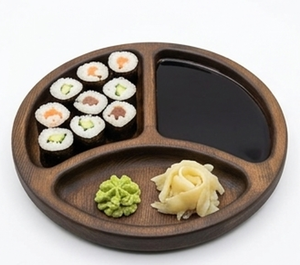 Élégante assiette de service ronde en bois avec trois compartiments, style oriental, assiette artisanale idéale pour le service dans les restaurants et les hôtels - Product Image 1