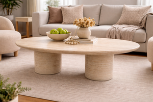 Table à manger ovale en pierre de travertin écologique de luxe, couleur beige naturel, mobilier de salle à manger moderne, décoration Diwali - Product Image 4