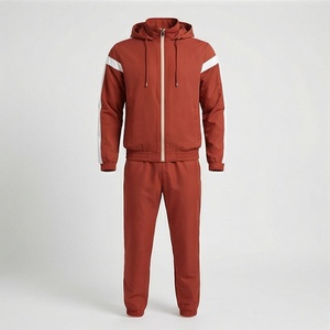 Men's <b>Red</b> Hooded Tracksuit Full Zip Casual Sportswear With White <b>Stripes</b> Side Pockets Polyester Cotton Autumn Wear - Product Image 1