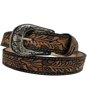 Cinturón de cuero occidental con grabado floral de alta calidad para hombres y mujeres, cinturón vaquero de cuero repujado. - Product Image 2