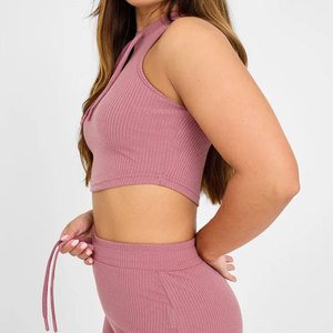 Top Deportivo Corto para Mujer, Nuevo, Material Acanalado, Diseño con Cordón Ajustable, Cuello Alto, Top Deportivo para Gimnasio, Absorbe el Sudor - Product Image 3
