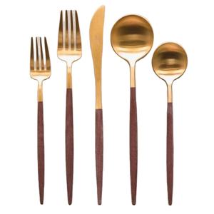 Juego de Cubiertos Estilo Japonés de 5 Piezas con Acabado Dorado para Restaurantes, Cubertería de Metal con Mangos de Madera de Acacia, Precio de Fábrica - Product Image 1