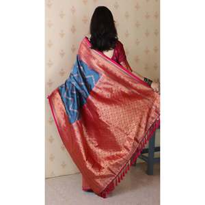 Robe de soirée en soie douce bleu denim Elite Weaves Banarasi, sari tissé ZigZag Meenakari Zari 650g - Product Image 4