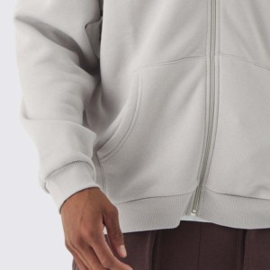 Sudadera con Capucha y Cierre de Cremallera para Hombre, Color Gris Claro, Corte Regular, Felpa de Algodón, Estilo Casual para Otoño, Color Sólido, Cremallera Completa, Bolsillo Frontal - Product Image 3