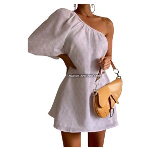 Vestido de un solo hombro con manga abullonada, sexy, con tejido irregular, estampado a mano no tejido, ¡superventas! Estilo casual de un solo hombro con manga abullonada. - Product Image 5