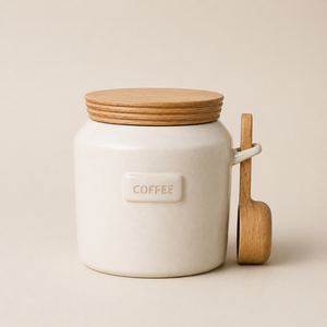 Refined Ceramic Storage Canister Wooden Lid Faceted Design Airtight Kitchen Jar Modern Counter Organizer Premium <b>Home</b> <b>Essential</b> - Product Image 5