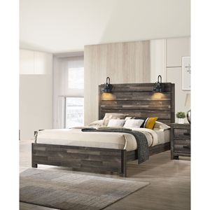 Letto matrimoniale in legno stile rustico con finitura effetto legno anticato marrone e lampada, mobili per camera da letto - Product Image 2
