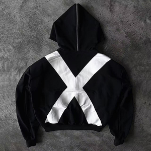 Sweat-shirt à capuche personnalisé avec logo pour homme, noir et blanc, imprimé géométrique X, streetwear, fermeture éclair sur le devant, coupe classique, tricoté en polyester, automne - Product Image 2