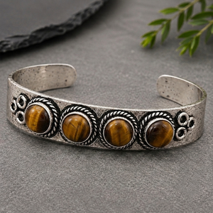 Bronze Horizon Natural Tiger Eye Turquoise Statement <b>Cuff</b> Bangle Gold & <b>Silver</b> Plated Brass Unisex Jewelry - Product Image 4