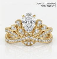 Cincin Tiara Berlian Buatan Laboratorium Potongan Pir 1,5 karat, Lapisan Emas Padat 18K, Bersertifikat IGI, Set Perhiasan Pengantin, Cincin Tunangan dengan Aksen Band