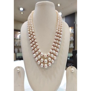 Collier et boucles d'oreilles tendance en argent 925 plaqué or avec perles d'eau douce de qualité supérieure, perles Mala longues, 3 rangs, pour femmes et filles - Product Image 1