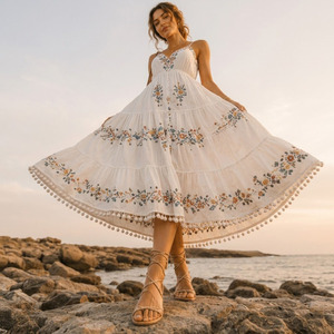 Vestido Maxi Boho Bordado de Algodón para Mujer, 100% Algodón Tejido, Transpirable, Antipilling, Vestido Étnico de Verano - Product Image 2