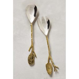 Dishwasher Safe Salad Silver Spoon Fork Salad Server Set with Hot Sale Premium Designer Twig With Leaf Handle Salad Server - Product Image 1